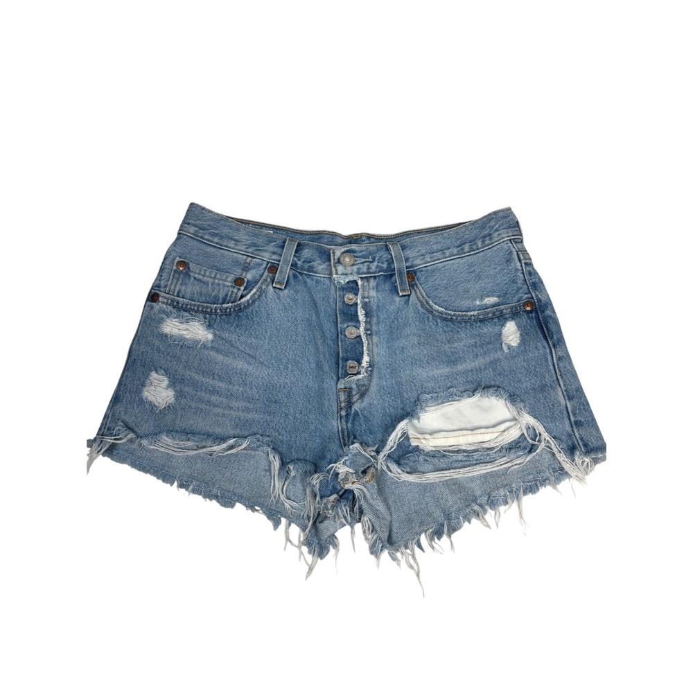 Levis 501 Premium Womens 27 Distressed Denim Shorts Button Fly Light Wash Raw